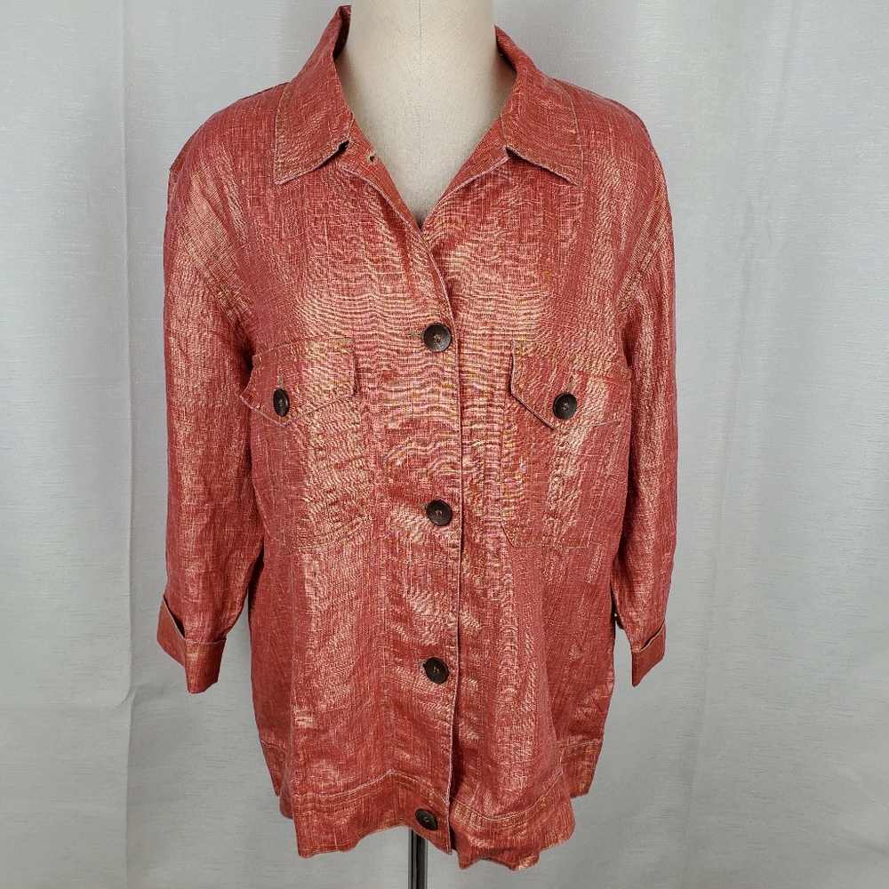 Chico's Orange Gold Shimmer 100% Linen Blouse